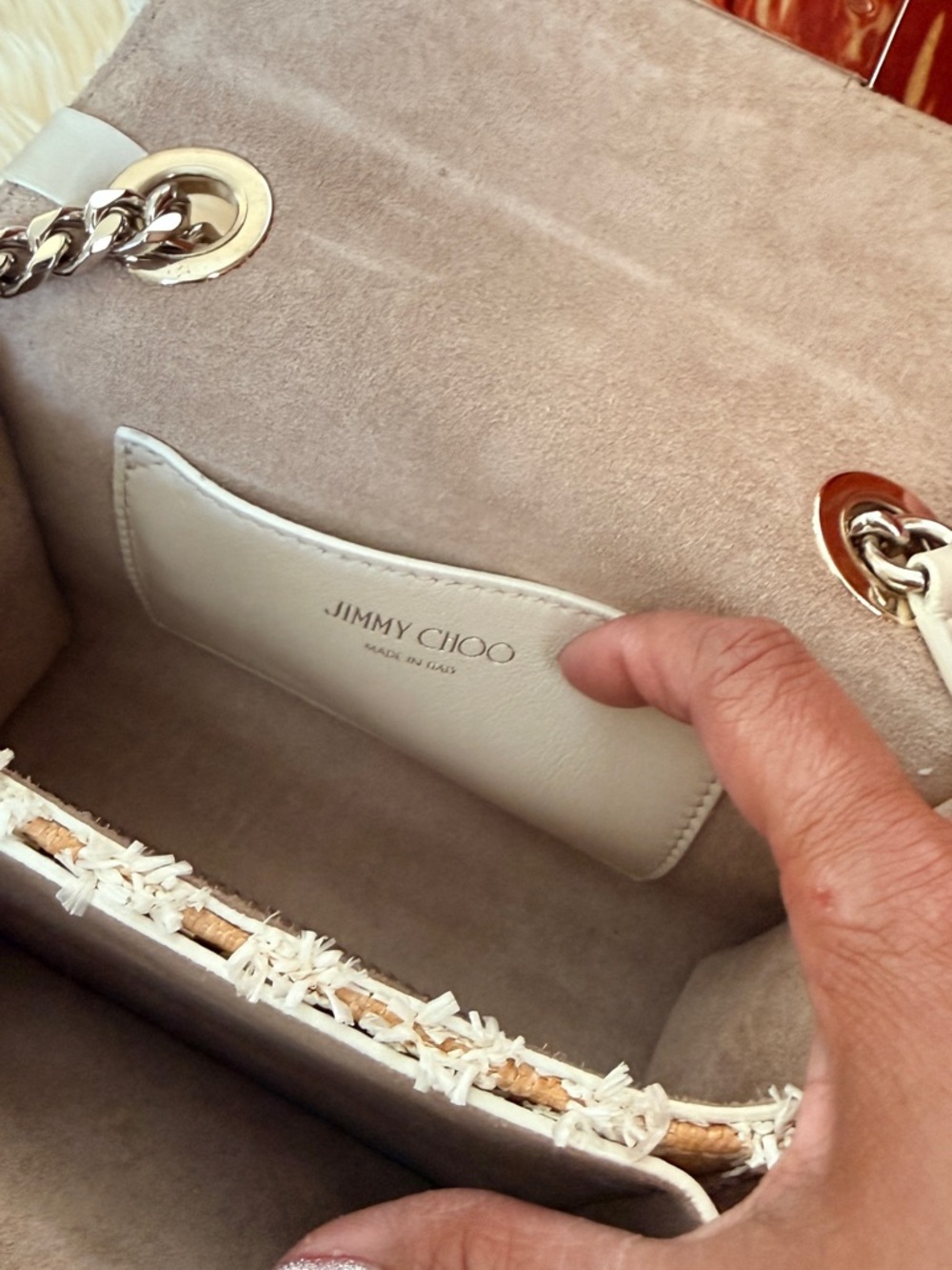 Jimmy Choo Cream Suede Crossbody with Silver Chain Trim